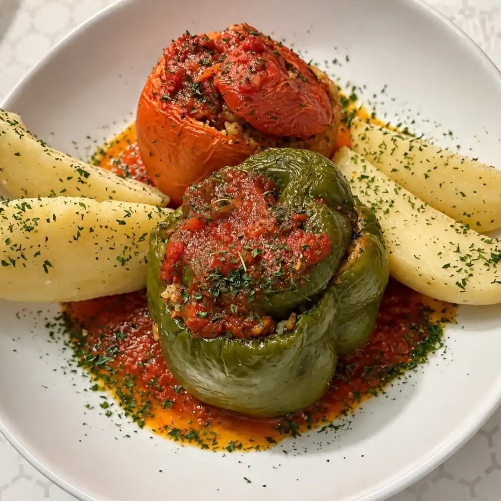 Gemista, a stuffed tomato and pepper in tomato sauce, with lemon potatoes