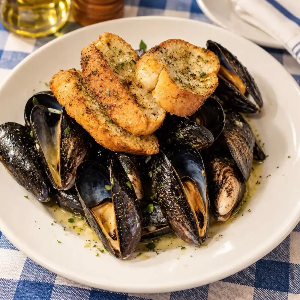 Mussels in a white bowl with toasted bread, on a blue gingham tablecloth