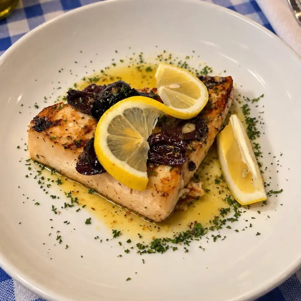 Chargrilled swordfish with lemon slices and a lemon Kalamata olive sauce